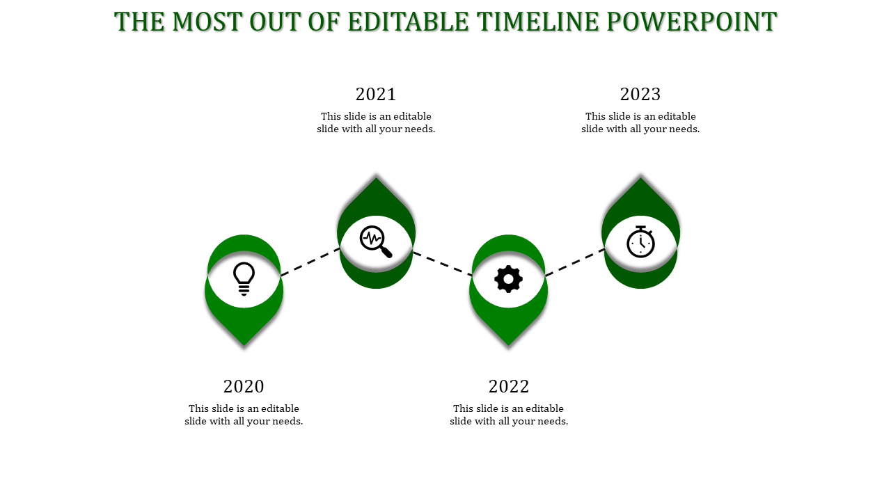 Infographic timeline with a slanted dotted path, featuring green teardrop-shaped year markers from 2020-2023 linked to icons.