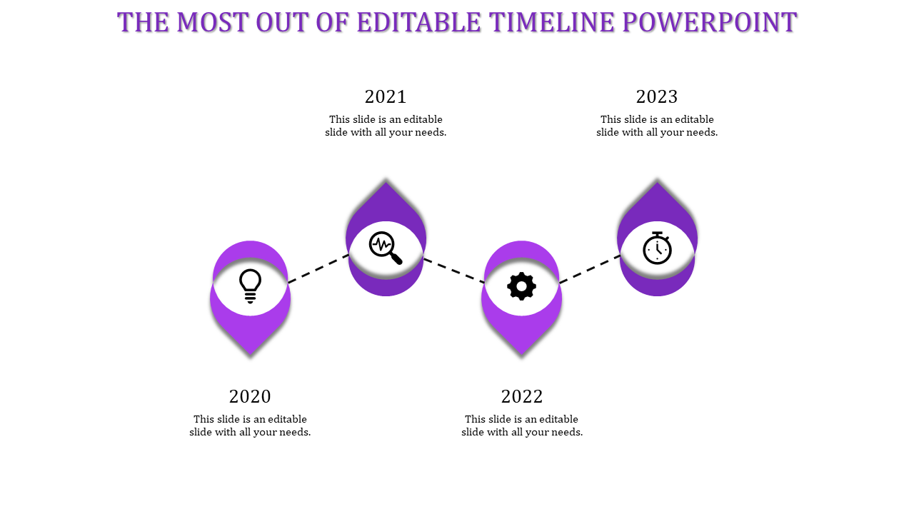 Timeline PPT slide with years 2020 to 2023, featuring purple icons for a lightbulb, magnifying glass, gear, and stopwatch.