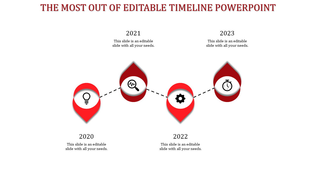 Four step timeline with red teardrop markers displaying years 2020-2023, connected by a dotted line and icons.