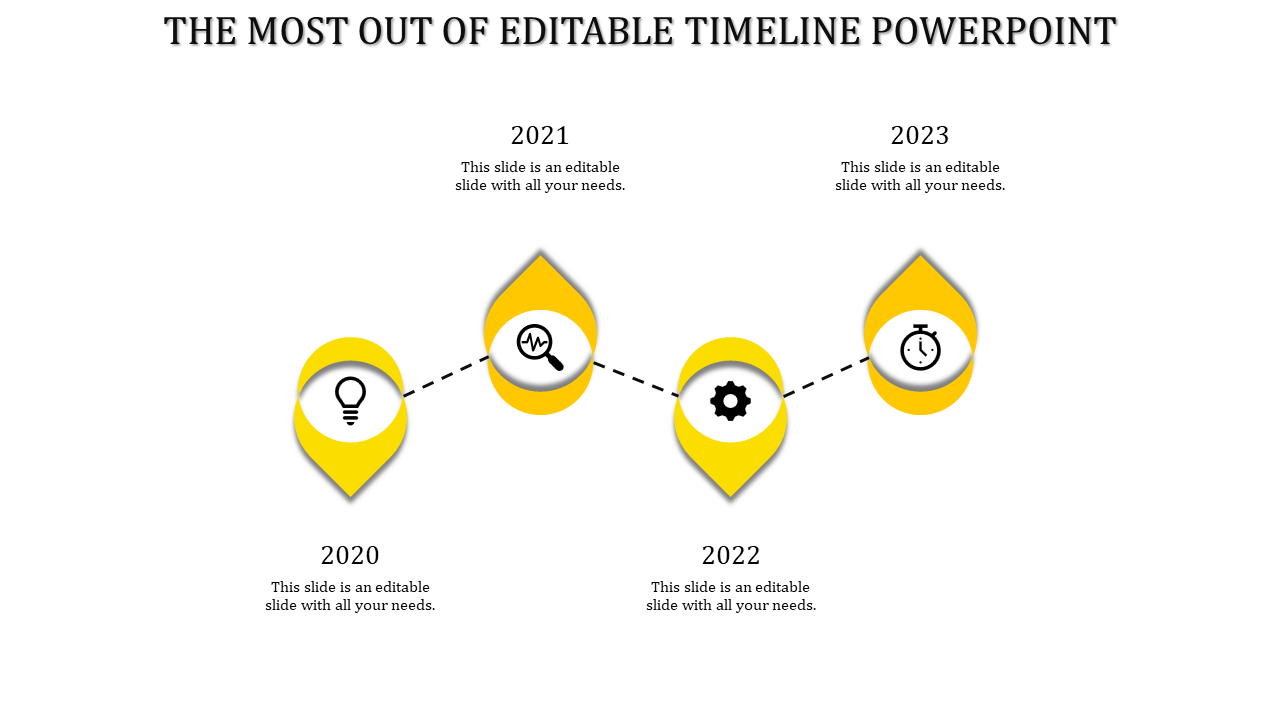 Timeline infographic with four yellow teardrop markers and black icons, arranged in a zigzag pattern.