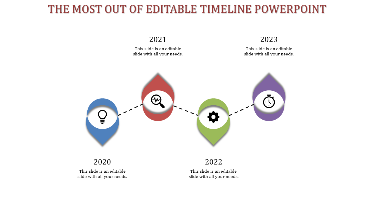 Dotted-line timeline from 2020 to 2023 with colorful teardrop-shaped markers, icons, and placeholder text areas.