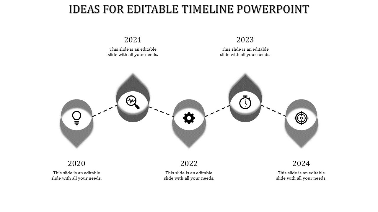 Timeline slide with years 2020 to 2024, featuring icons such as a lightbulb, magnifying glass, gear, stopwatch, and target.