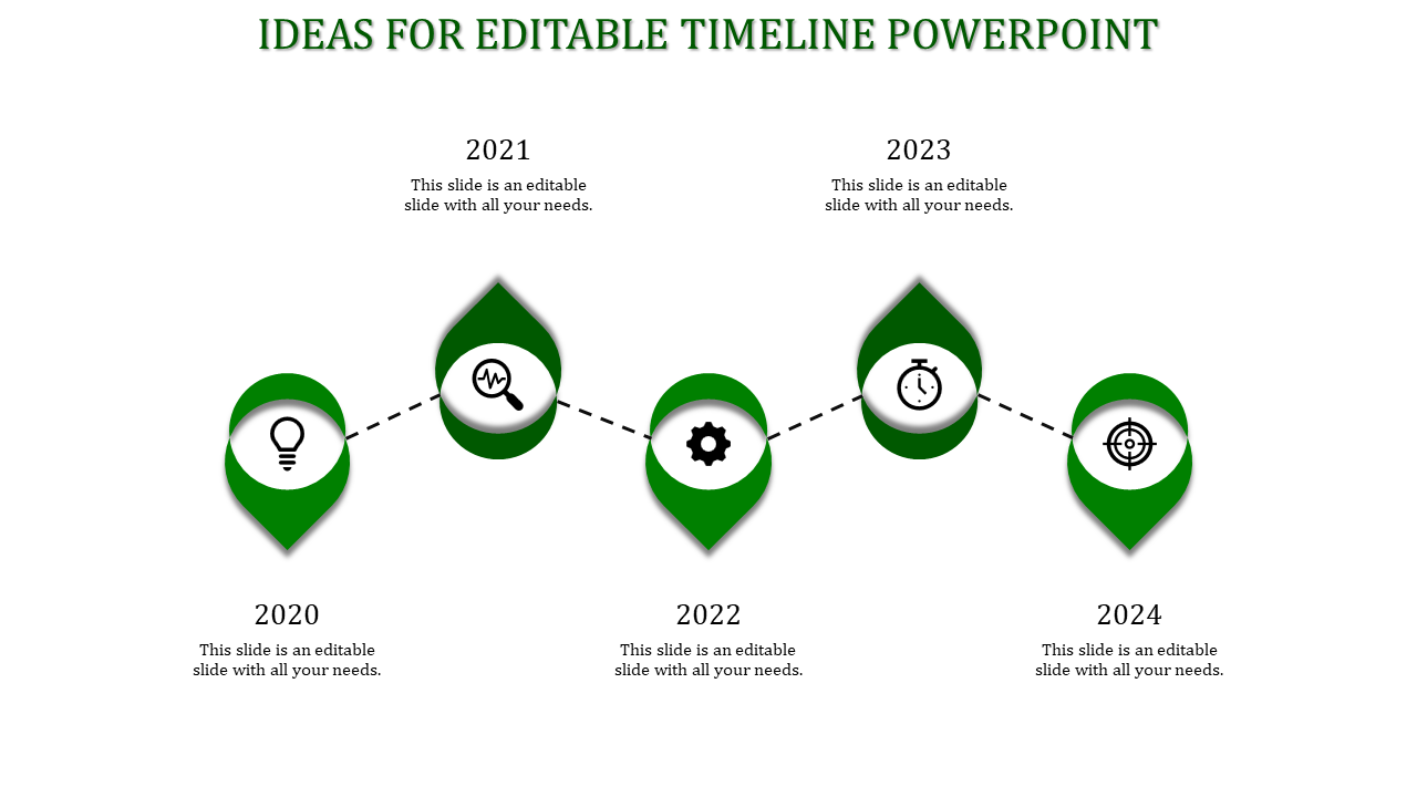 Timeline with green teardrop milestones for years 2020-2024, linked by a dotted path and connected to text placeholders.