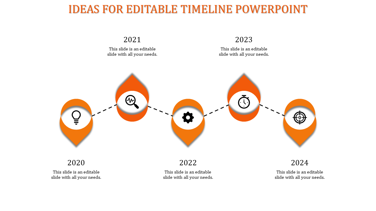 Curved orange timeline with teardrop shaped markers containing icons, connected by a dotted path representing progress.