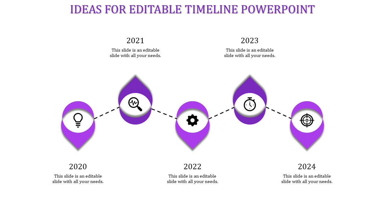 Timeline slide with years 2020 to 2024, featuring purple icons from lightbulb to target with placeholder text.