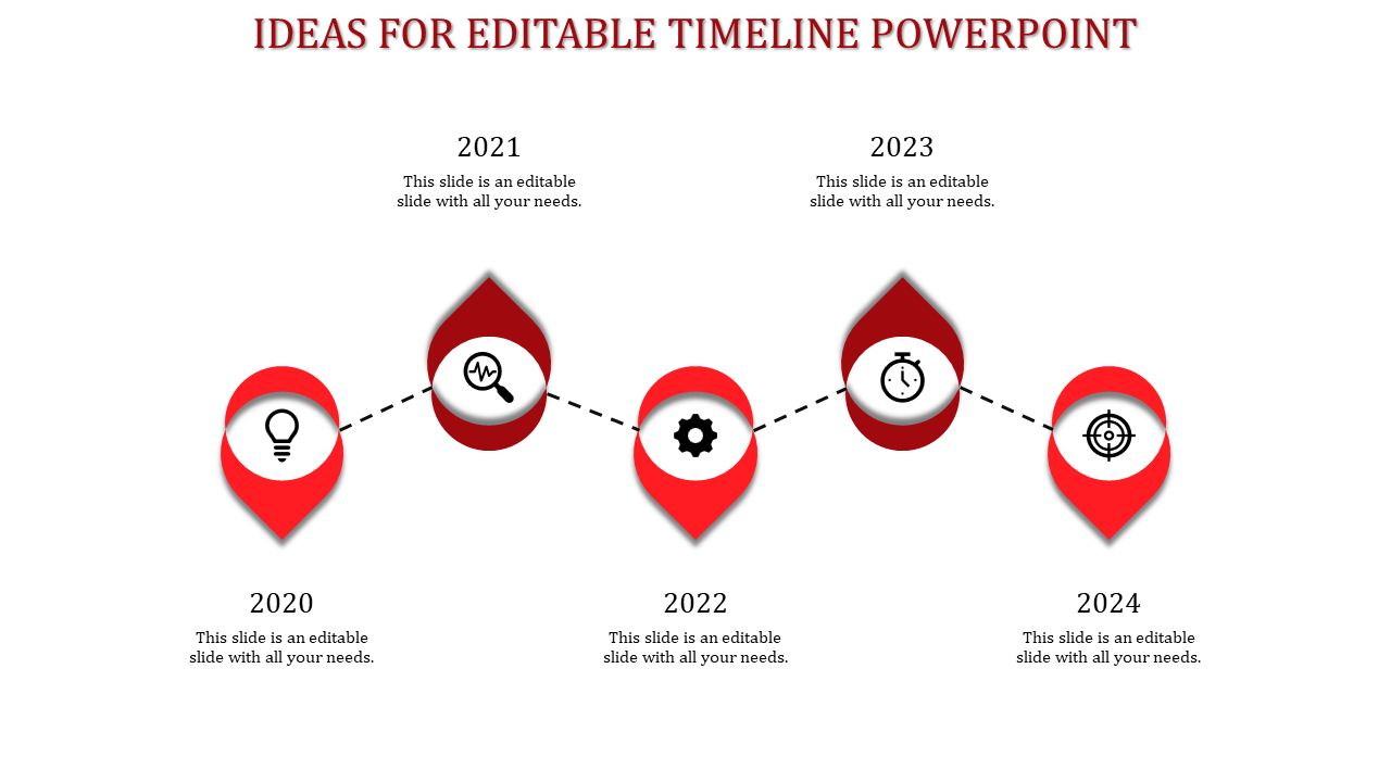 Five step timeline with red teardrop markers displaying years 2020-2024, connected by a dotted line and icons.