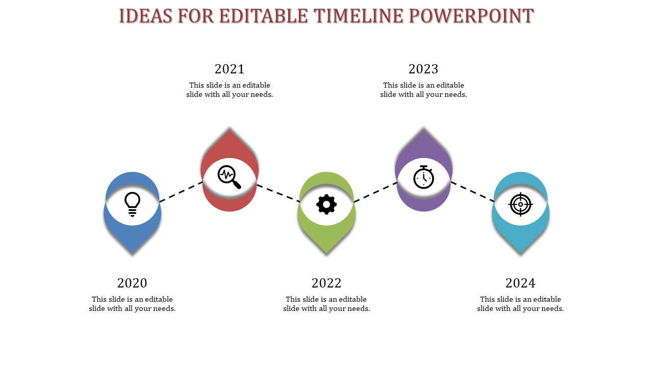 Modern timeline with a diagonal dotted path connecting teardrop-shaped year markers from 2020 to 2024, each containing icons.