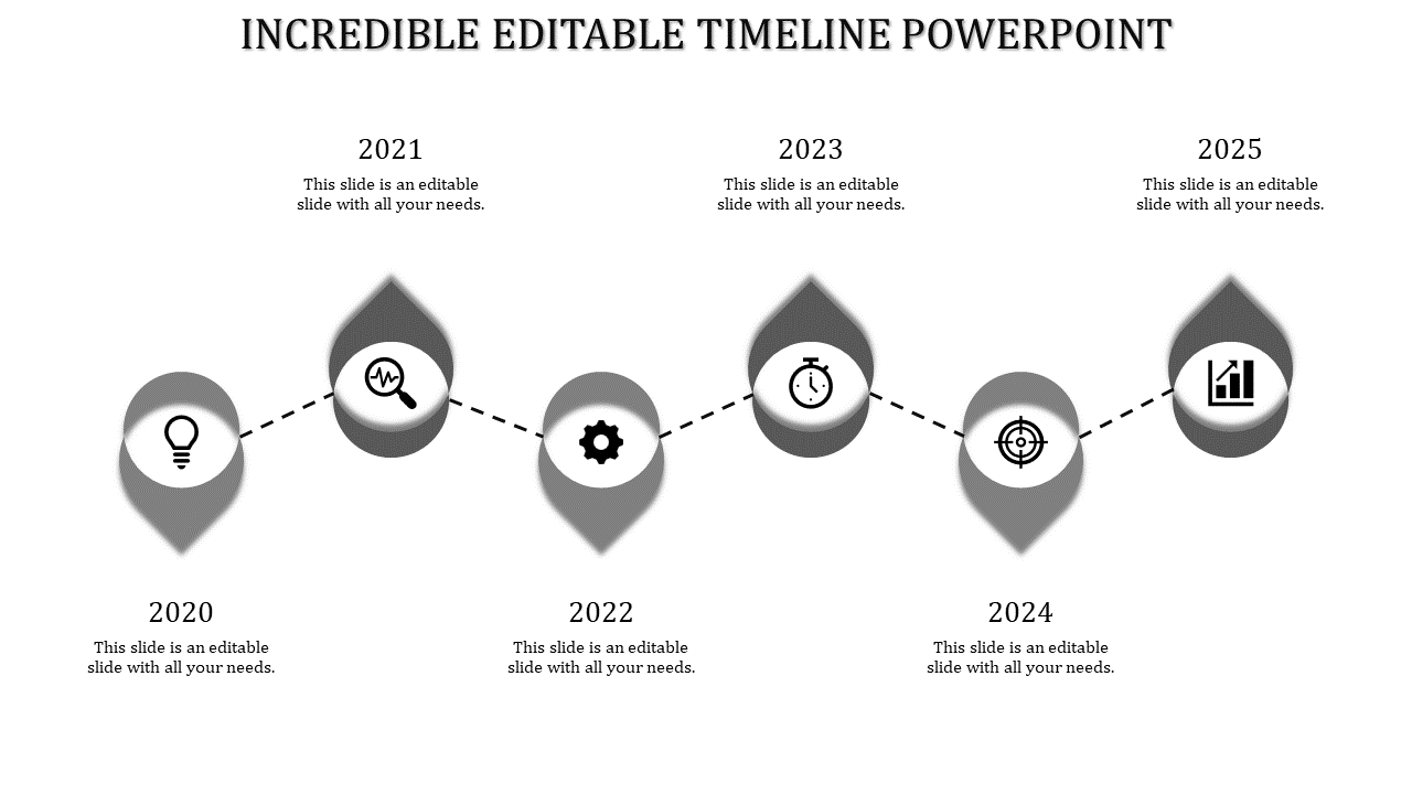 Timeline with six gray gradient markers in a zigzag layout, depicting milestones from 2020 to 2025.