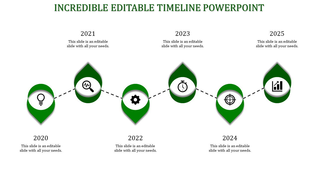 Timeline PowerPoint slide with years 2020 to 2025, each year represented by a green marker with icons and placeholder text.