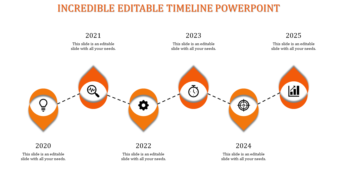 Modern timeline with a diagonal dotted path linking orange teardrop-shaped year markers from 2020 to 2025.