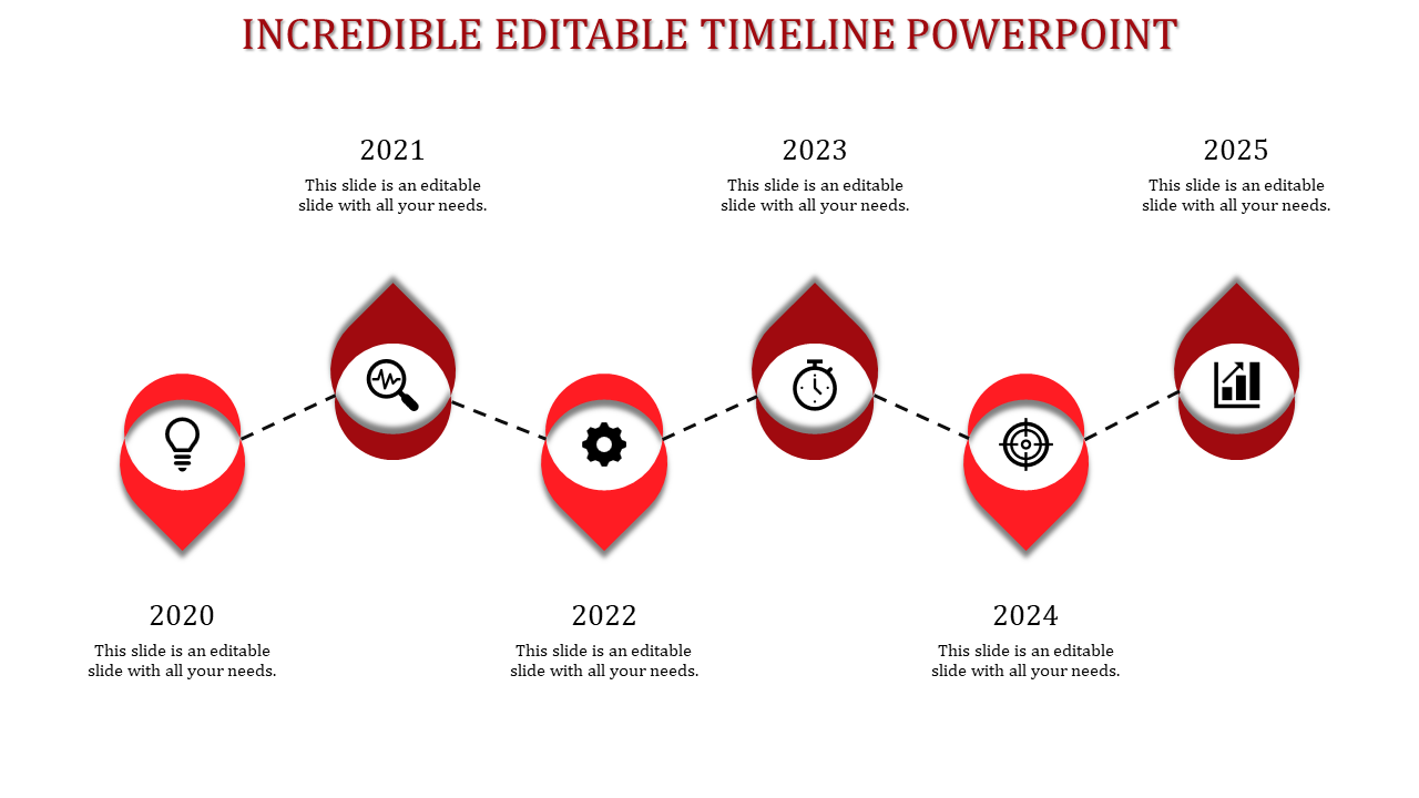 Timeline PowerPoint slide with years 2020 to 2025, each year represented by a red marker with icons and placeholder text.