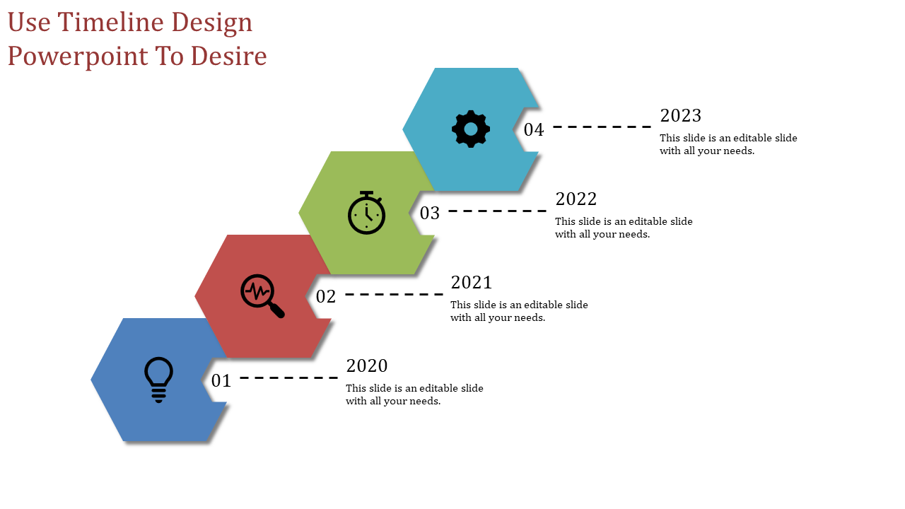 Hexagonal timeline in blue, red, green, and teal, arranged in an ascending path with icons and dashed lines marking years.