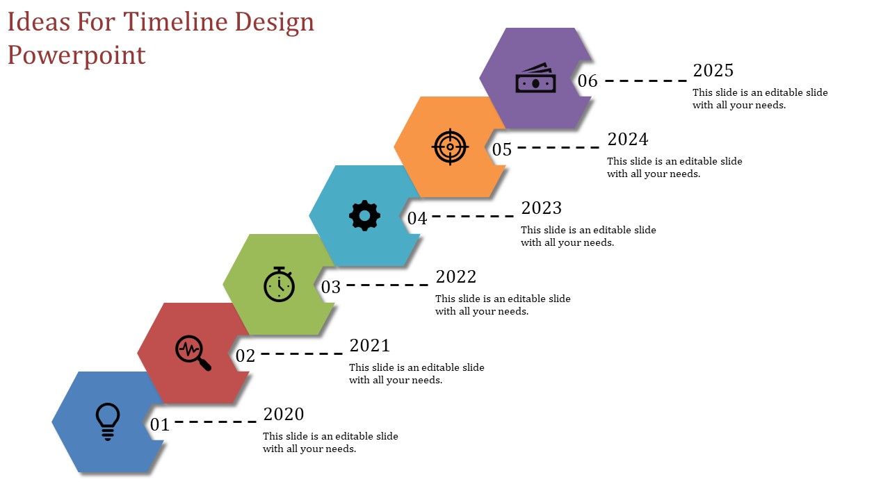 Diagonal timeline with stacked hexagons in blue, red, green, teal, orange, and purple, each labeled with years 2020 to 2025.