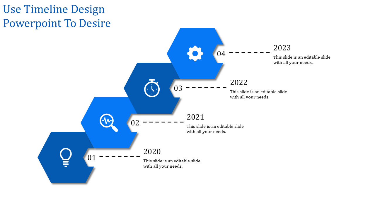 Timeline design slide with blue hexagonal icons representing years 2020 to 2023, with dashed arrows linking each milestone.