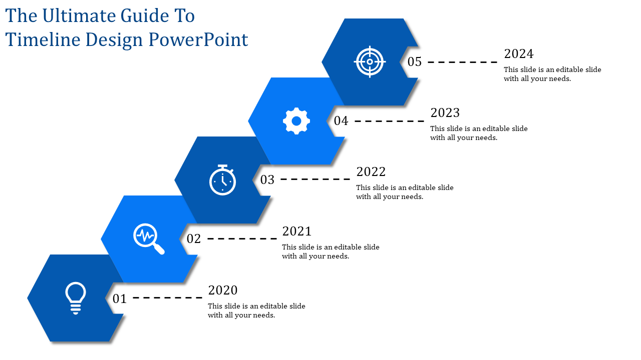 Timeline slide with blue hexagon shaped icons representing milestones from 2020 to 2024, showing stages with text area.