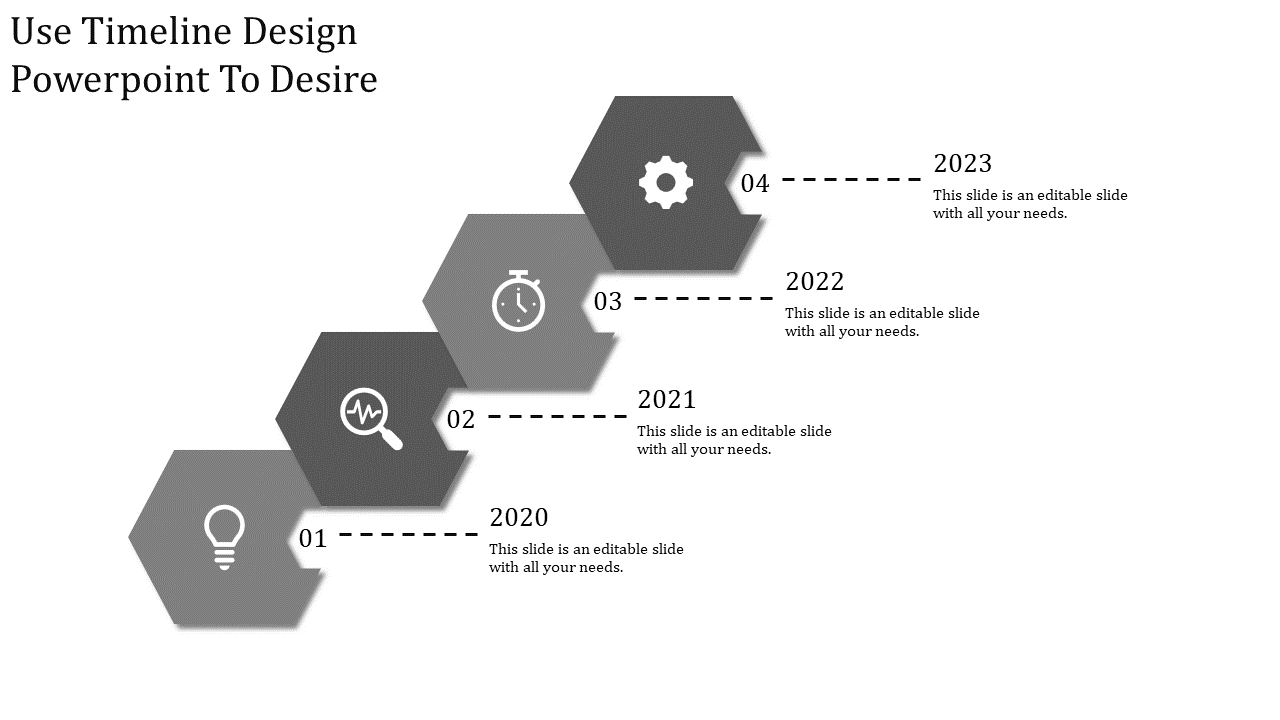 Diagonal timeline with four numbered hexagons from 2020 to 2023, containing icons and connected to text by dashed lines.