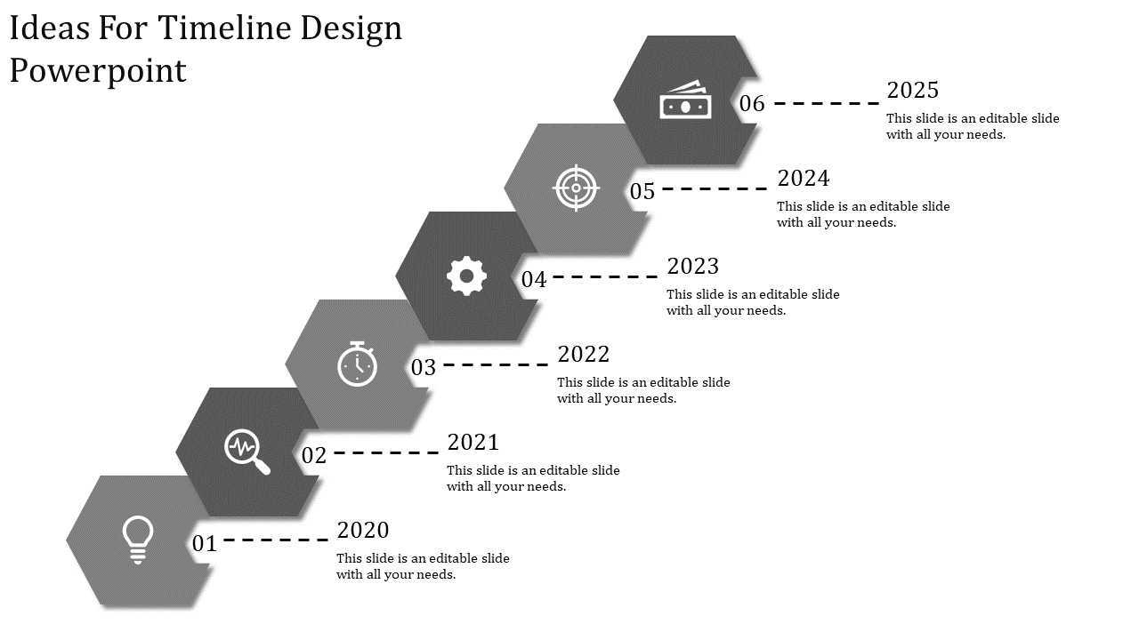 Timeline slide with grey hexagon shaped icons representing milestones from 2020 to 2025, showing stages with text area.