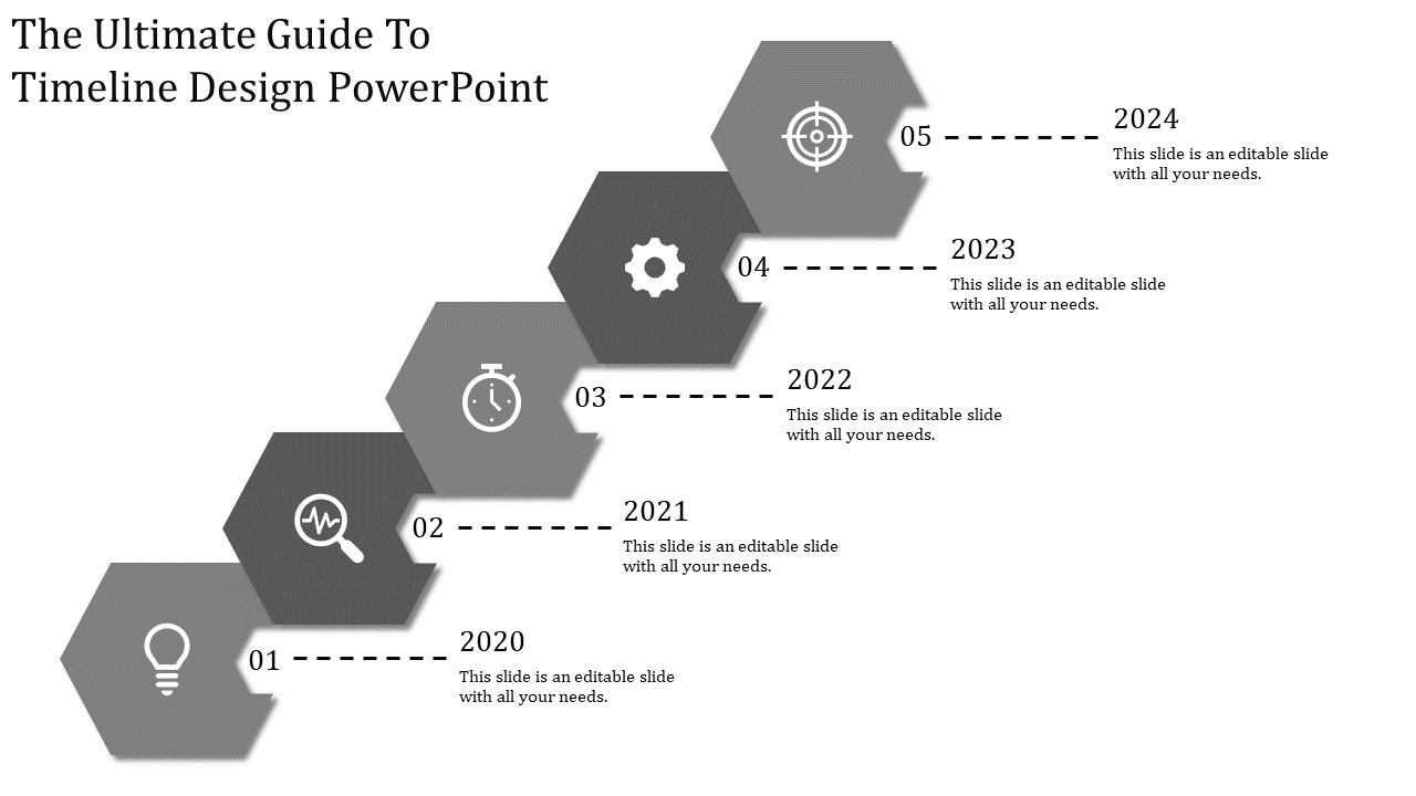 Stepwise grayscale timeline featuring hexagonal steps with white milestone icons, linked to years 2020-2024.