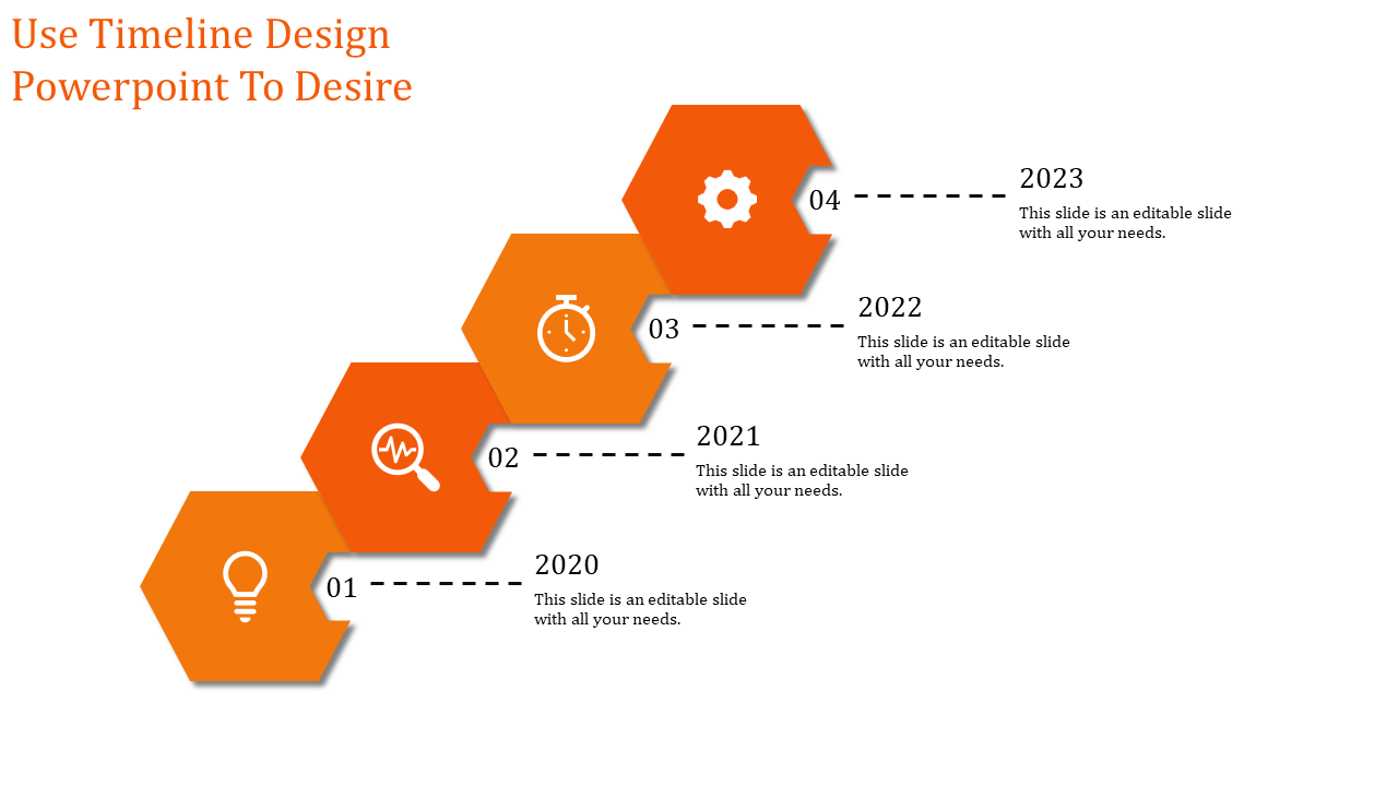 Timeline design slide with orange hexagonal icons representing years 2020 to 2023, with dashed arrows linking each milestone.
