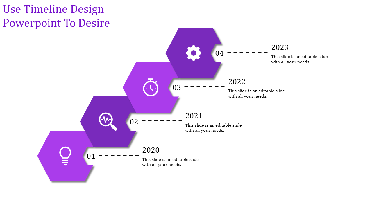 Timeline design slide with purple hexagonal icons representing years 2020 to 2023, with dashed arrows linking each milestone.