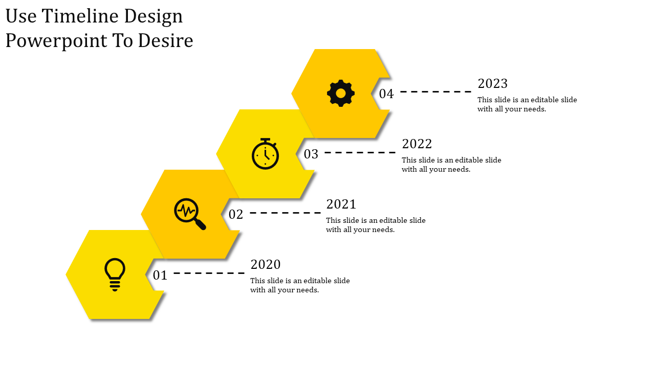 Four stacked yellow hexagons with business related icons forming a slanted timeline from 2020 to 2023 on a white background.