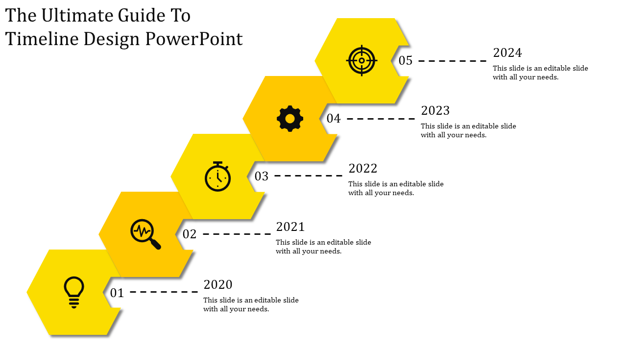 Stepwise hexagonal timeline in yellow, arranged diagonally with black icons and dashed lines marking years 2020 to 2024.