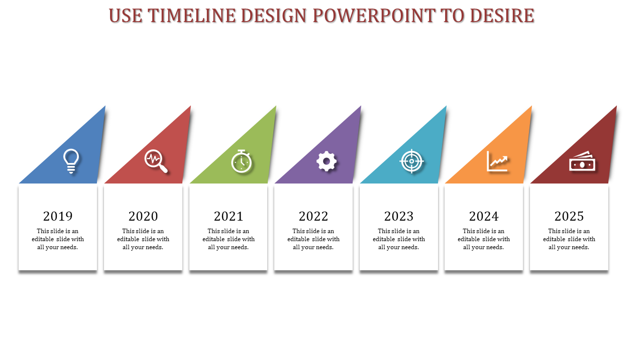 Colorful timeline with seven triangular icons on top of white boxes, marking years from 2019 to 2025 on a light background.