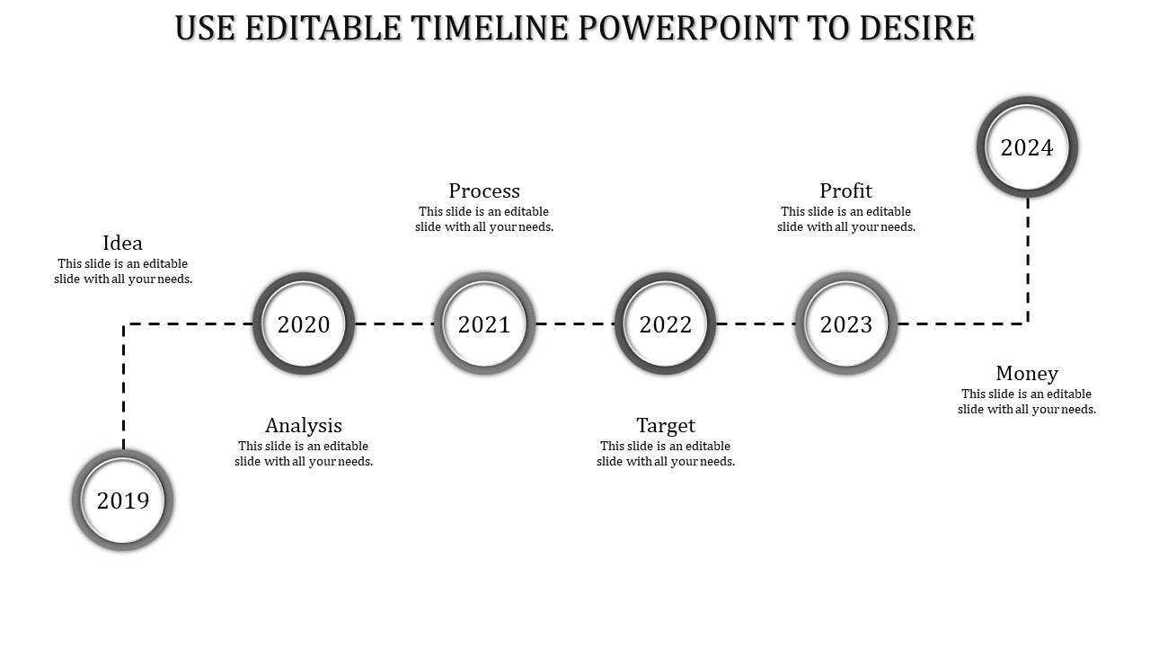 Timeline slide with six circular year markers in gray, linked in a dashed sequence, with key stages labeled on both sides.