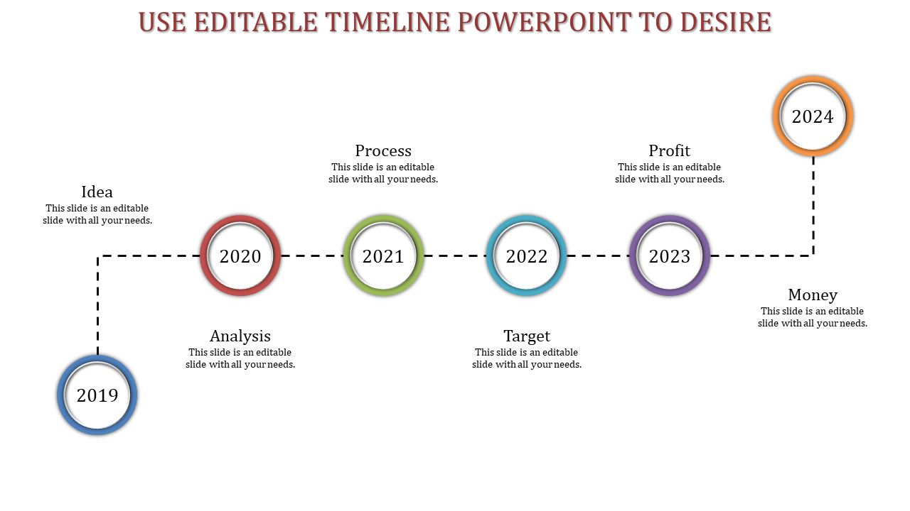 Minimalist timeline infographic with color-coded circular markers, arranged in a rising path from 2019 to 2024.