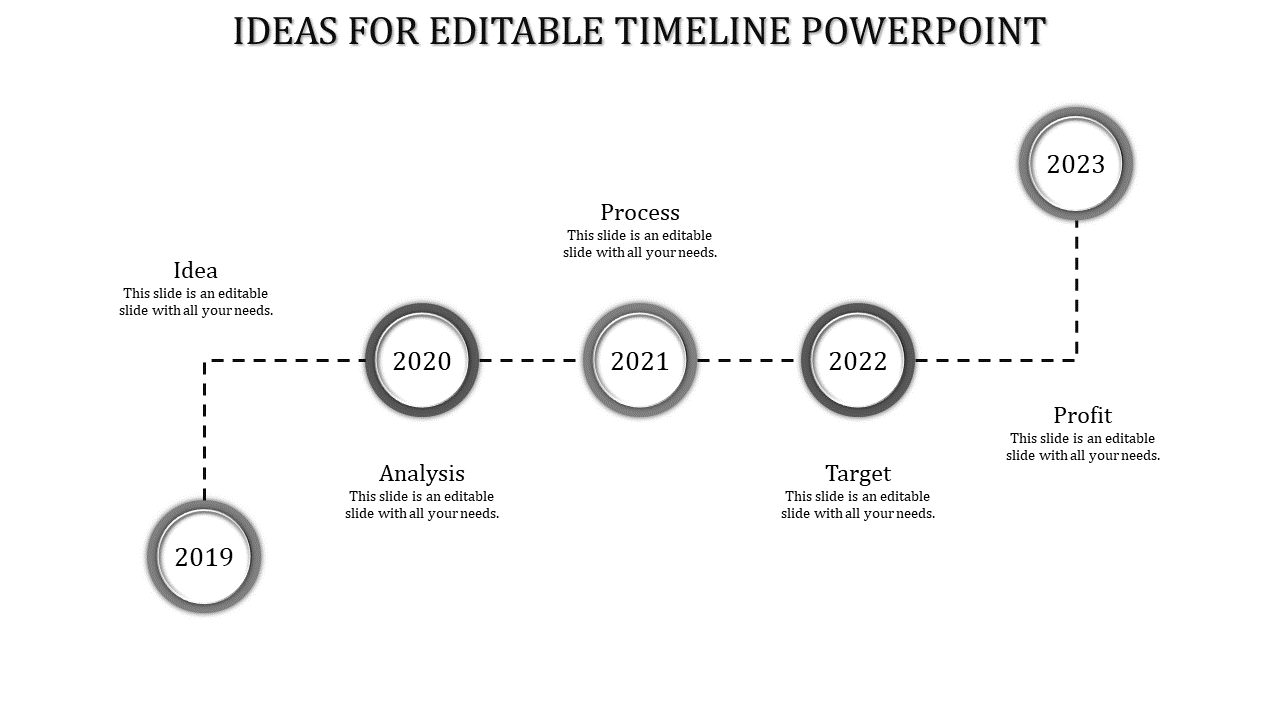 Timeline infographic with gray circular accents, showcasing a five year journey connected by a dashed path.