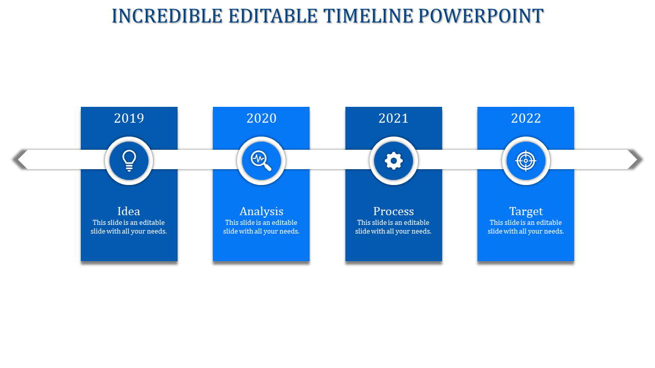 Horizontal timeline with a white arrow spanning years 2019 to 2022, linked to blue boxes containing icons and captions.