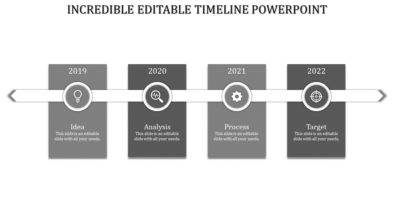 Timeline infographic with a gray gradient theme, featuring four milestone labels, and white circular icons.