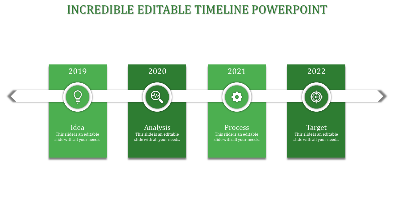 Timeline PowerPoint slide featuring green blocks for 2019 to 2022, labeled with Idea, Analysis, Process, and Target stages.
