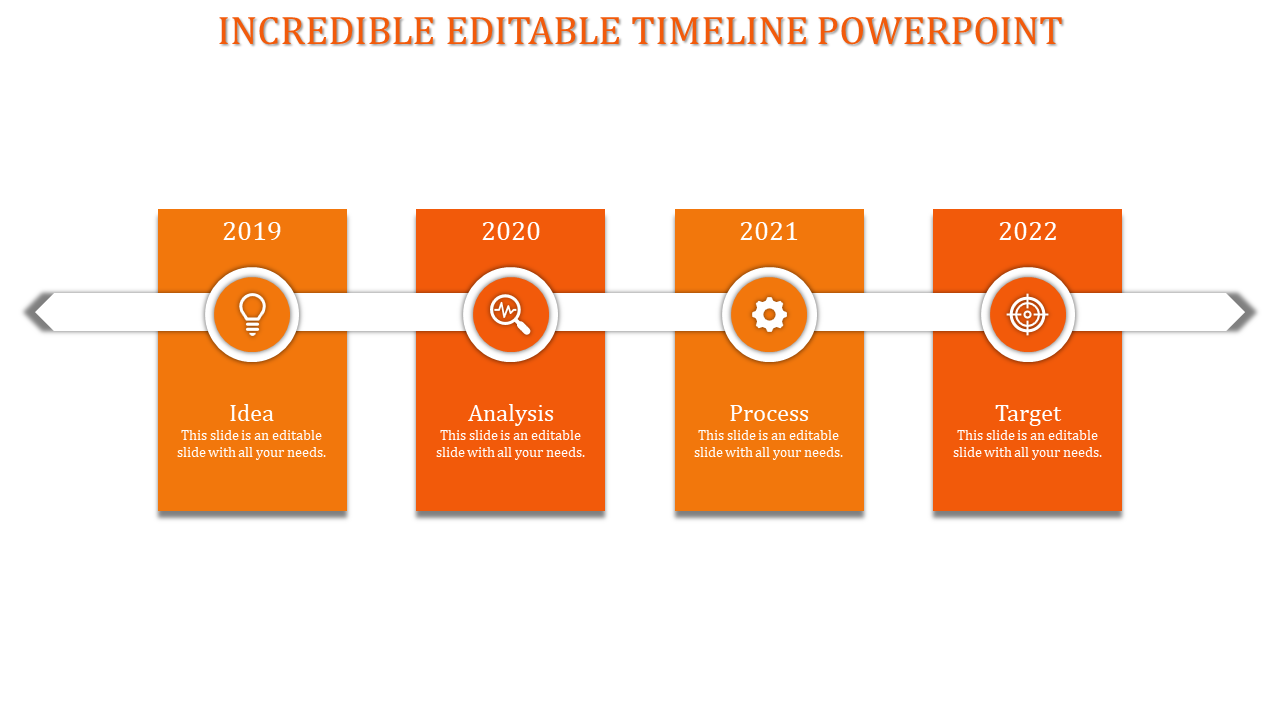 Orange themed timeline with a white arrow displaying years 2019 to 2022, each connected to a box with icons and text.