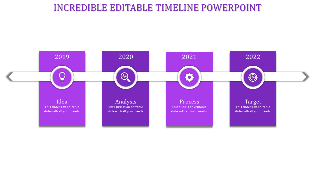 Horizontal timeline with four purple steps from 2019 to 2022, each labeled with a milestone and icon.