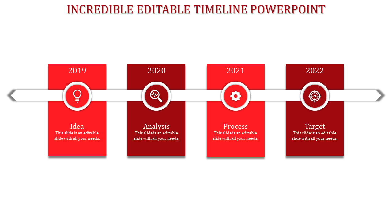 Timeline PowerPoint slide featuring red blocks for 2019 to 2022, labeled with Idea, Analysis, Process, and Target stages.