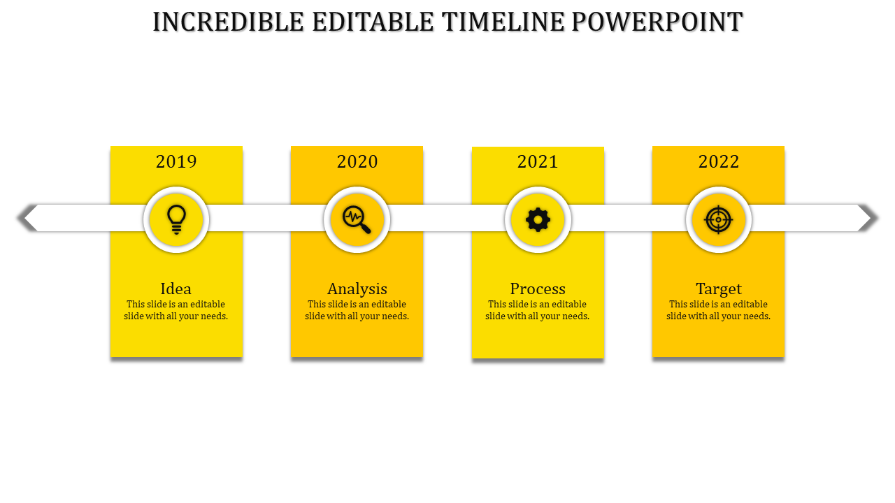 Horizontal timeline with a white arrow years 2019 to 2022, linked to yellow vertical boxes containing icons and captions.