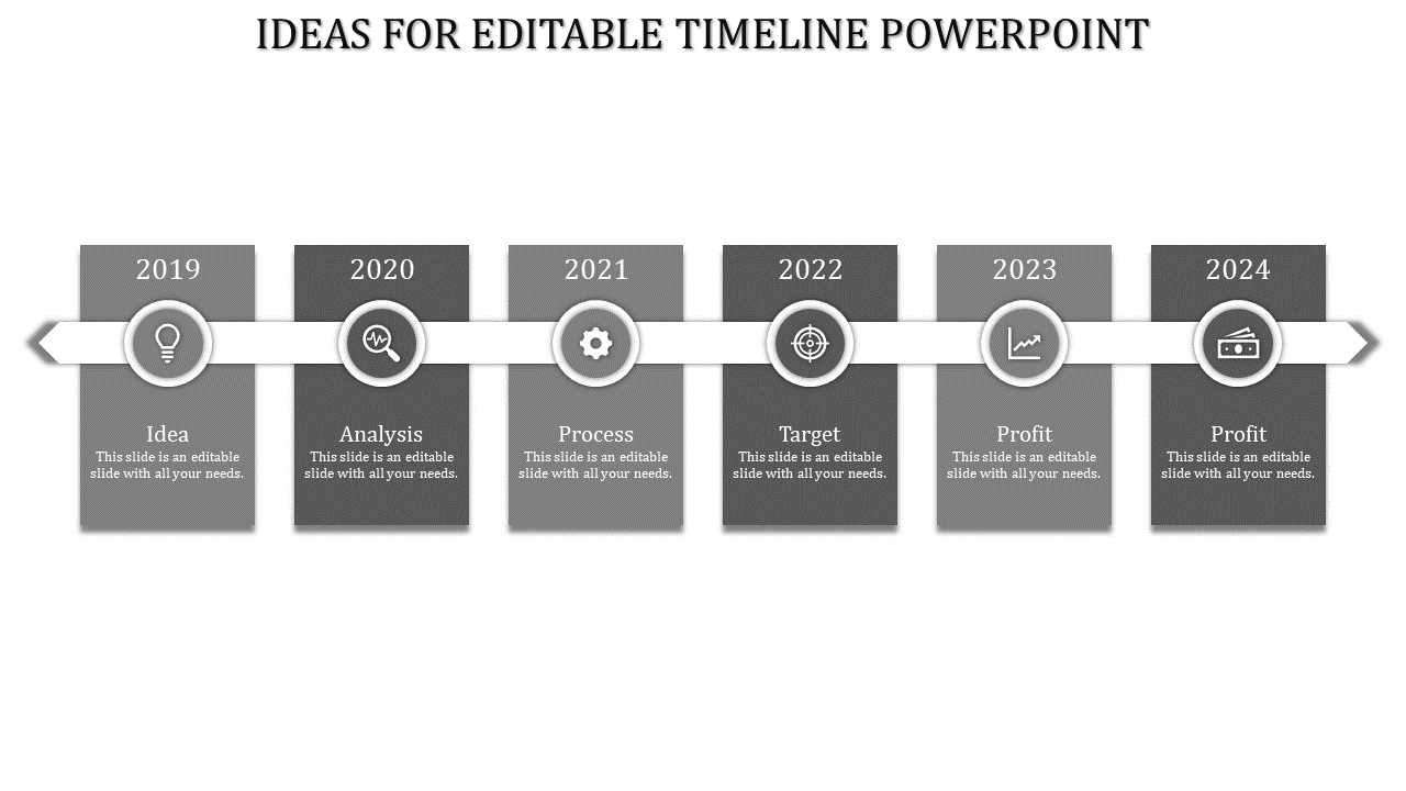 Horizontal timeline with six gray steps from 2019 to 2024, each labeled with a milestone and circlar icon.
