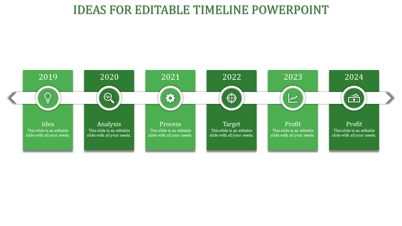 Timeline PowerPoint slide with years 2019 to 2024, marked by green year markers and icons with placeholder text.