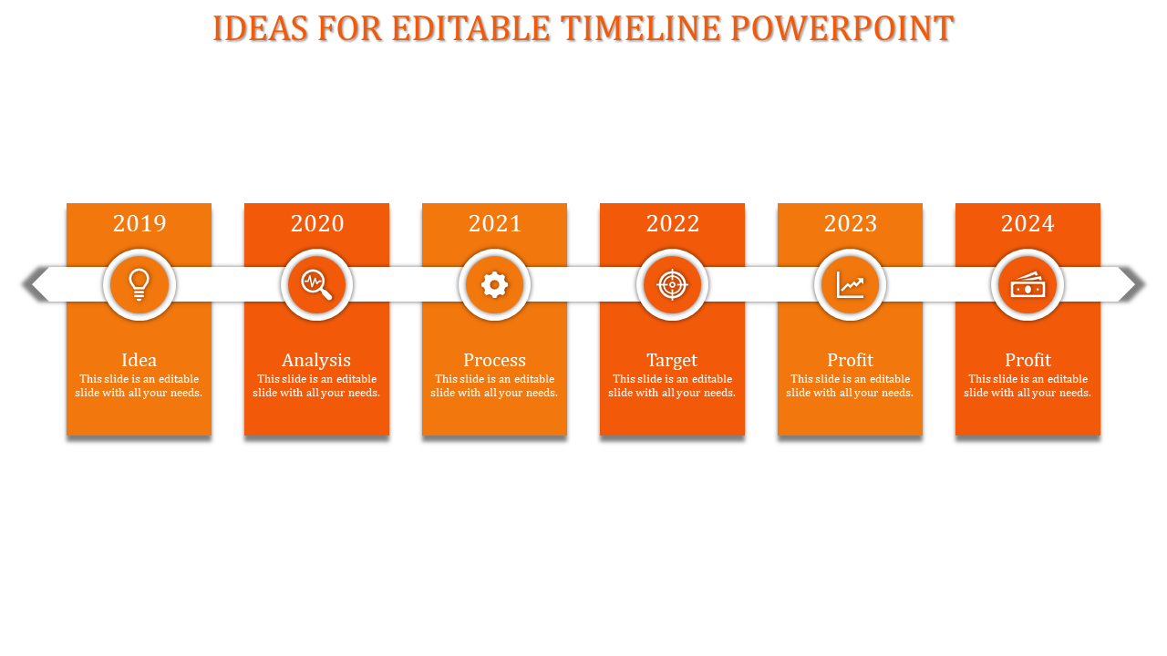 Modern timeline with a white horizontal arrow displaying years 2019 to 2024, each connected to orange vertical boxes.