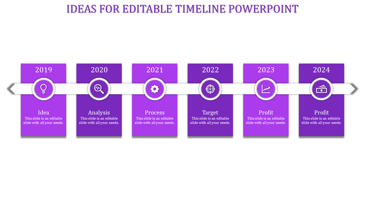 Timeline slide with a gradient purple theme, featuring six milestone labels, and white circular icons.