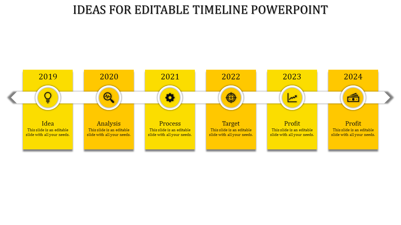 Modern timeline with a white horizontal arrow displaying years 2019 to 2024, each connected to yellow vertical boxes.