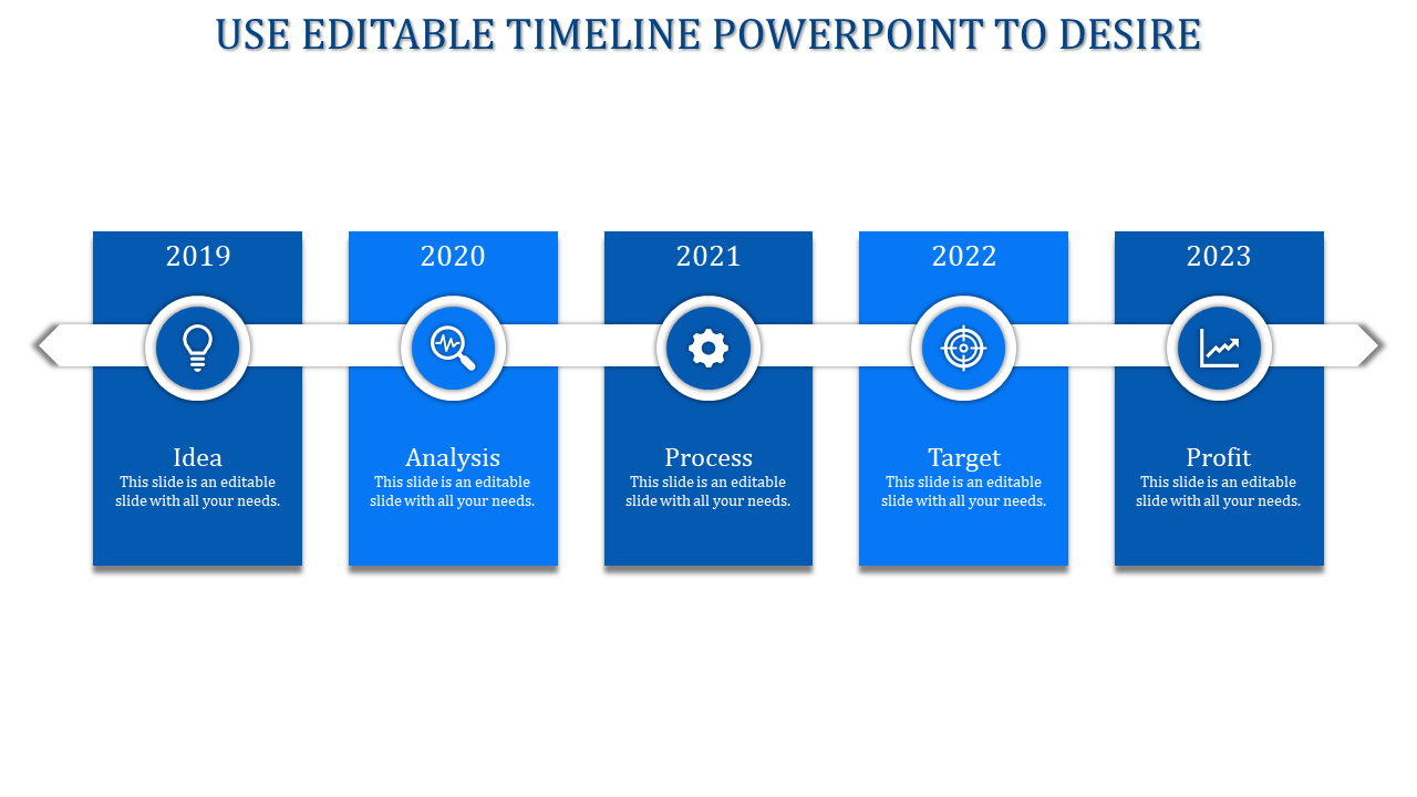 Modern timeline with a white horizontal arrow displaying years 2019 to 2023, each connected to blue boxes with icons.