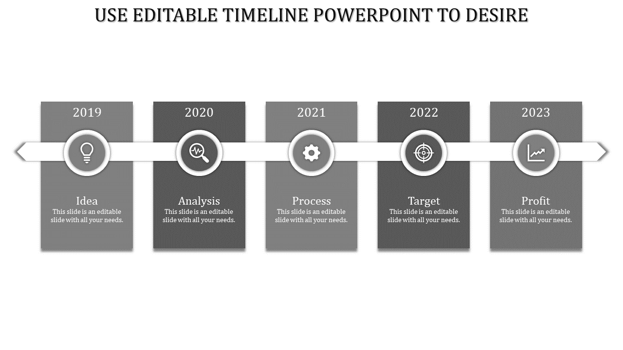 Timeline infographic featuring five gray blocks connected by a white arrow, tracking progress from idea to profit.