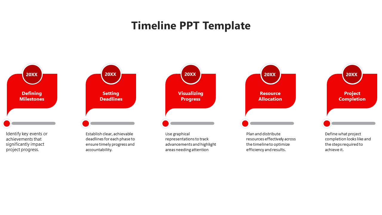 Minimalist red timeline with five steps, each containing a milestone and linked to a horizontal progress bar with dots.