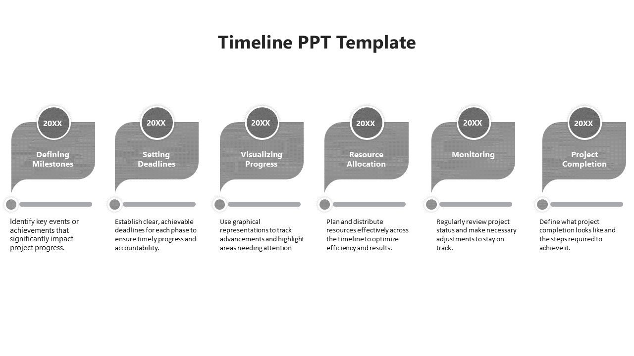 Flat design timeline with six gray milestone markers, each linked to a horizontal bar representing project stages.