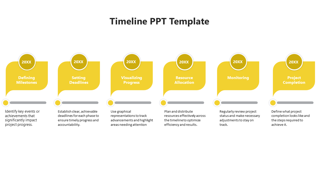 Minimalist yellow project timeline featuring six steps with rounded labels, each connected to a progress tracker with dots.