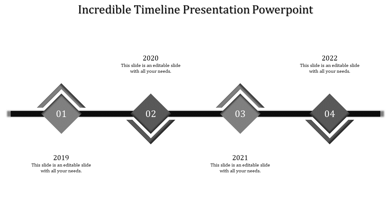 Monochrome timeline infographic with four 3D-style diamond markers positioned along a central black horizontal line.