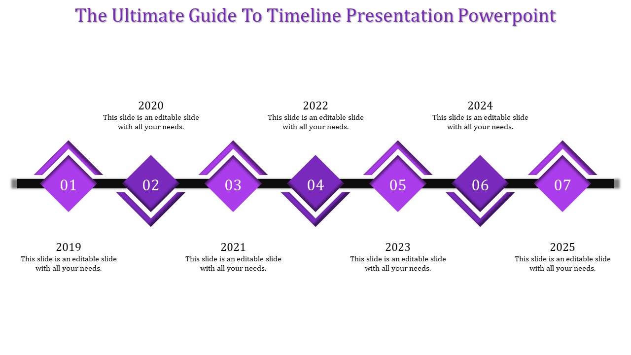Timeline design with seven purple diamonds in light and dark shades, linked along a black horizontal line.