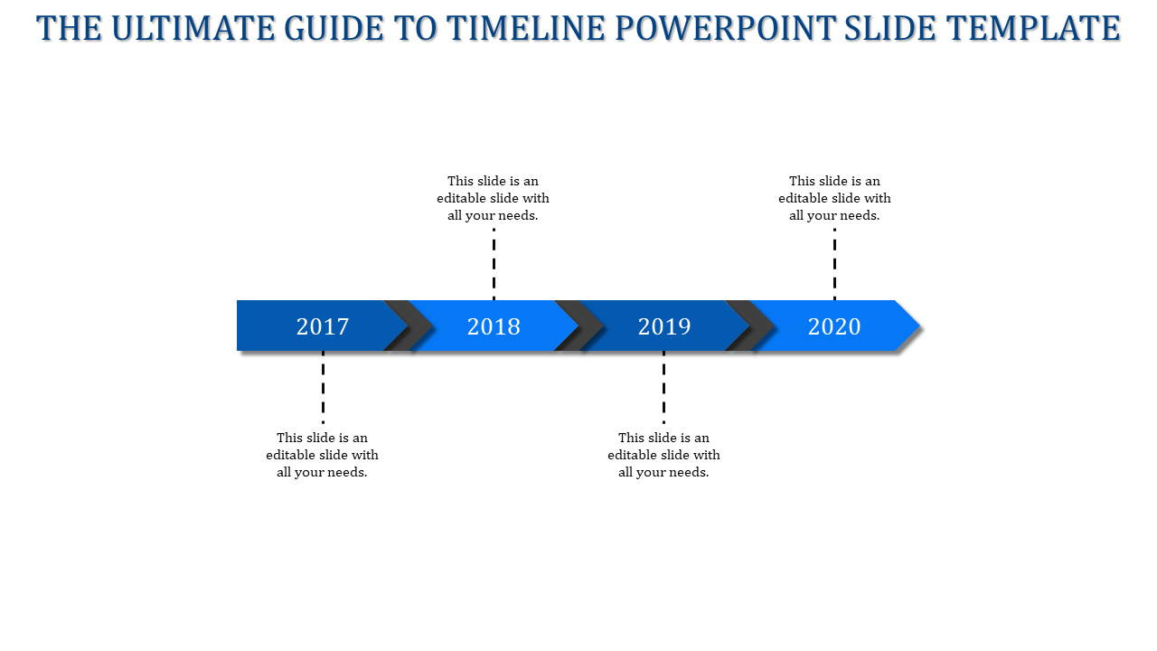 Timeline with a continuous blue arrow, featuring black chevron dividers, and milestone years from 2017 to 2020.